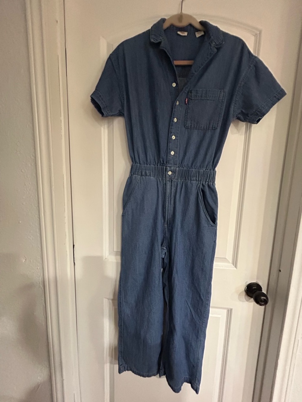 Women Short-Sleeve Denim Jumpsuit - Blue